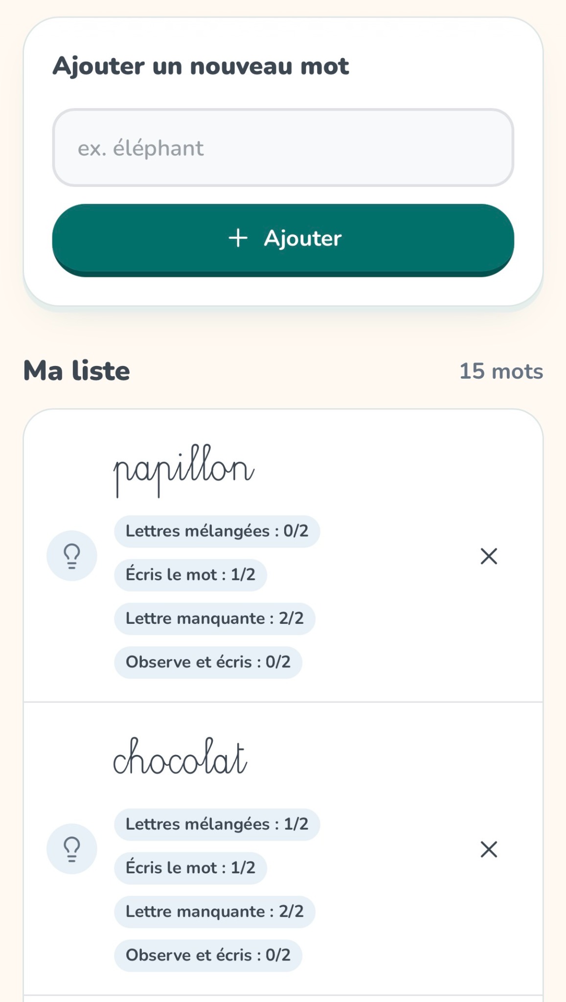 Liste des mots à apprendre avec la progression dans les différents jeux